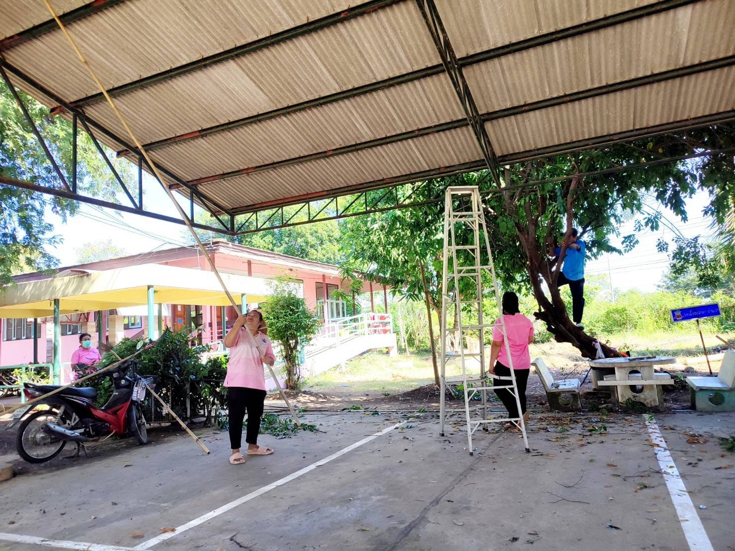  5 ส. ร่วมใจ พัฒนาสภาพแวดล้อม ทำความสะอาด ตัดแต่งกิ่งไม้บริเวณอาคารโรงจอดรถ